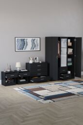 Home Discount Vida Designs 4Pc Bedroom Set 2xBedside, 4Drawer Chest, Mirror Wardrobe in Black - thumbnail 2