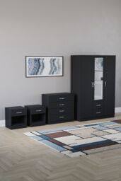 Home Discount Vida Designs 4Pc Bedroom Set 2xBedside, 4Drawer Chest, Mirror Wardrobe in Black - thumbnail 1