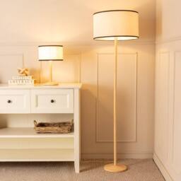 ValueLights Triston Natural Light Wood Floor Lamp with Linen Trim Lamp Shade in Black - thumbnail 4