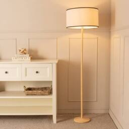 ValueLights Triston Natural Light Wood Floor Lamp with Linen Trim Lamp Shade in Black