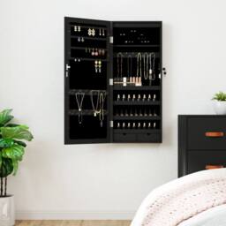 Berkfield Home Mirror Jewellery Cabinet with LED Lights Wall Mounted Black - thumbnail 2