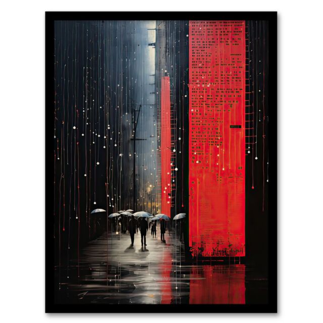 Artery8 Wall Art Print Night Street Rain Abstract Painting Red & Grey Framed - Size: A4 - image 1