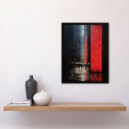 Artery8 Wall Art Print Night Street Rain Abstract Painting Red & Grey Framed - Size: A4 - thumbnail 4