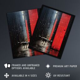 Artery8 Wall Art Print Night Street Rain Abstract Painting Red & Grey Framed - Size: A4 - thumbnail 2