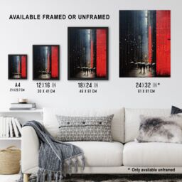 Artery8 Wall Art Print Night Street Rain Abstract Painting Red & Grey Framed - Size: A4 - thumbnail 3