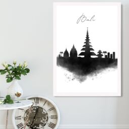ARTZE Bali Watercolour Skyline City Framed Print SIZE: A4 with White Frame in Black - thumbnail 2