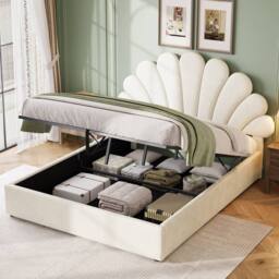 BTM Upholstered Hydraulic Storage Bed Frame Velvet Headboard in Beige - Size: Single - thumbnail 1