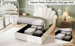 BTM Upholstered Hydraulic Storage Bed Frame Velvet Headboard in Beige - Size: Single - thumbnail 8