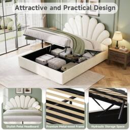 BTM Upholstered Hydraulic Storage Bed Frame Velvet Headboard in Beige - Size: Single - thumbnail 6