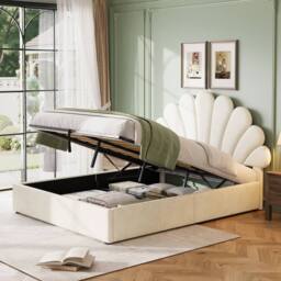 BTM Upholstered Hydraulic Storage Bed Frame Velvet Headboard in Beige - Size: Single - thumbnail 3