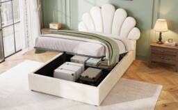 BTM Upholstered Hydraulic Storage Bed Frame Velvet Headboard in Beige - Size: Single - thumbnail 9