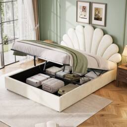 BTM Upholstered Hydraulic Storage Bed Frame Velvet Headboard in Beige - Size: Single - thumbnail 2