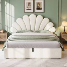 BTM Upholstered Hydraulic Storage Bed Frame Velvet Headboard in Beige - Size: Single - thumbnail 4