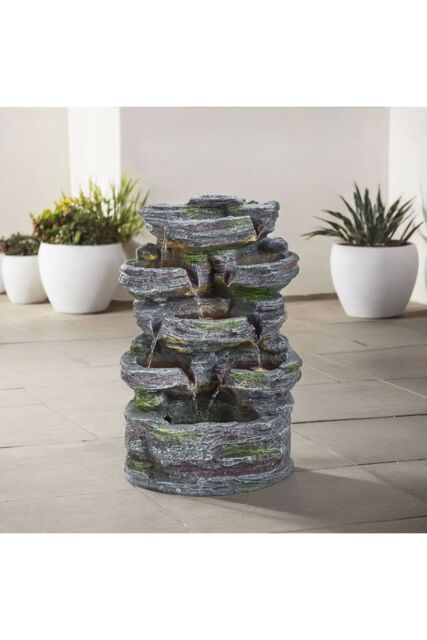 Garden Sanctuary Faux Rockery Outdoor Water Fountain with Solar-Powered Lights in Grey - image 1