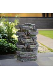 Garden Sanctuary Faux Rockery Outdoor Water Fountain with Solar-Powered Lights in Grey - thumbnail 2