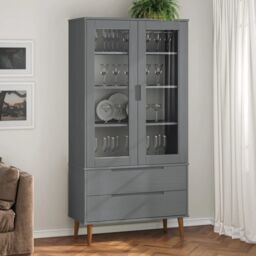 Berkfield Home Vitrine Cabinet MOLDE Grey 90x35x175 cm Solid Wood Pine - Size: 90 x 35 x 175 cm - thumbnail 1