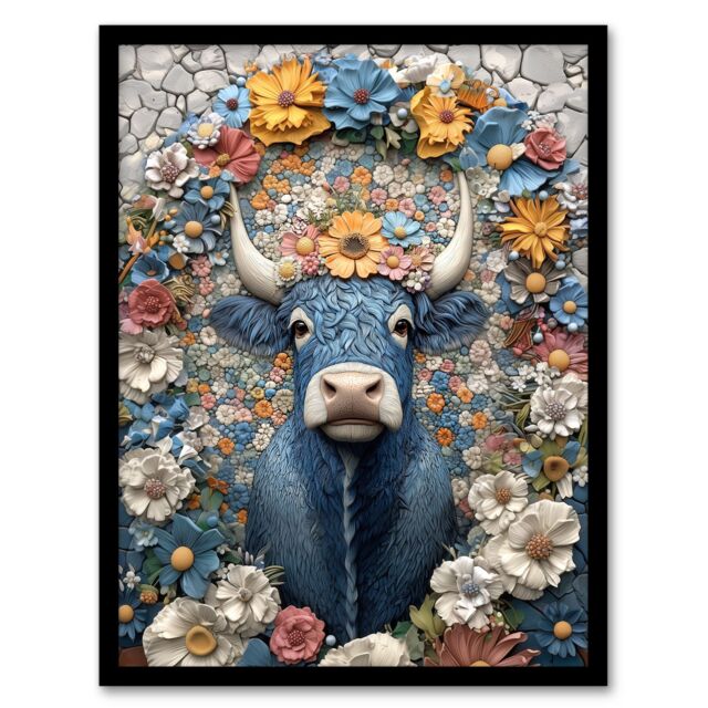 Artery8 Blue Highland Cow Boho Floral Relief Portrait Framed Art Print - Size: A4 - image 1