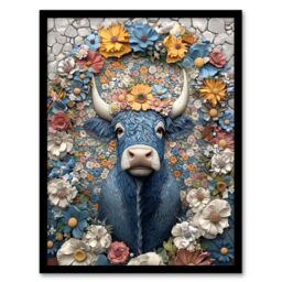 Artery8 Blue Highland Cow Boho Floral Relief Portrait Framed Art Print - Size: A4 - thumbnail 1