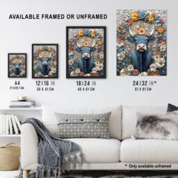 Artery8 Blue Highland Cow Boho Floral Relief Portrait Framed Art Print - Size: A4 - thumbnail 3