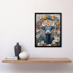 Artery8 Blue Highland Cow Boho Floral Relief Portrait Framed Art Print - Size: A4 - thumbnail 4