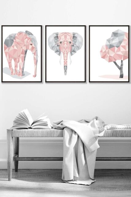 ARTZE Geometric Pink Grey Elephant Set Framed Wall Art - Medium in Black - Size: W45 cm x H62 cm x D20mm - image 1