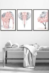 ARTZE Geometric Pink Grey Elephant Set Framed Wall Art - Medium in Black - Size: W45 cm x H62 cm x D20mm - thumbnail 1