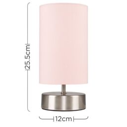 ValueLights Francis Brushed Chrome Dimmable Touch Table Lamps with Fabric Shade in Dusty Pink - thumbnail 6