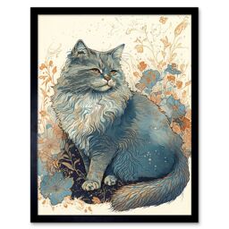 "Artery8 Wall Art Print Fluffy Cat in Wildflowers Teal & Orange Watercolour Art Framed in Black - Size: W12"" x H16""" - thumbnail 1