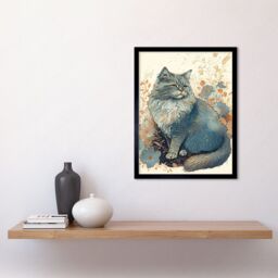 "Artery8 Wall Art Print Fluffy Cat in Wildflowers Teal & Orange Watercolour Art Framed in Black - Size: W12"" x H16""" - thumbnail 2