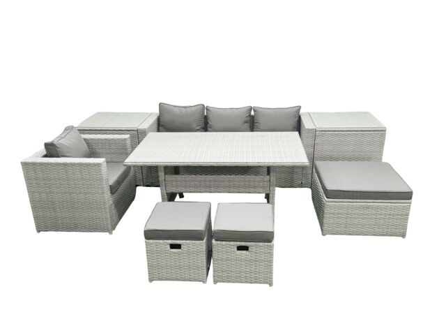 Fimous Rattan Garden Furniture Dining Set 7 Seater Lounge Sofa Chair Dining Table Set with 3 Footstools 2 Side Tables Light Grey Mixed - image 1
