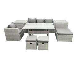 Fimous Rattan Garden Furniture Dining Set 7 Seater Lounge Sofa Chair Dining Table Set with 3 Footstools 2 Side Tables Light Grey Mixed - thumbnail 1