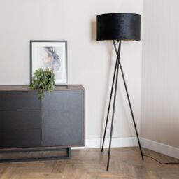ValueLights Camden Black Tripod Floor Lamp with Black Velvet & Gold Shade & Bulb - thumbnail 3