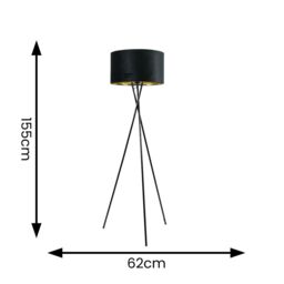 ValueLights Camden Black Tripod Floor Lamp with Black Velvet & Gold Shade & Bulb - thumbnail 6