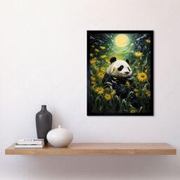Artery8 Wall Art Print Midsummer Night's Panda Dream Oil Painting Panda Bear in a Full Moon Sunflower Field Landscape Kids Bedroom Art Framed - thumbnail 2