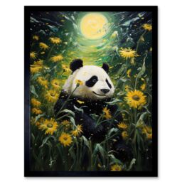 Artery8 Wall Art Print Midsummer Night's Panda Dream Oil Painting Panda Bear in a Full Moon Sunflower Field Landscape Kids Bedroom Art Framed - thumbnail 1