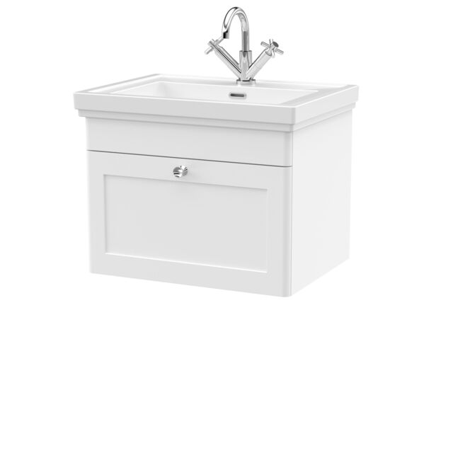 Balterley Bathroom Wall Hung 1-Drawer Vanity Unit & Fireclay Basin, White, 600mm in White - image 1
