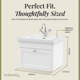Balterley Bathroom Wall Hung 1-Drawer Vanity Unit & Fireclay Basin, White, 600mm in White - thumbnail 5