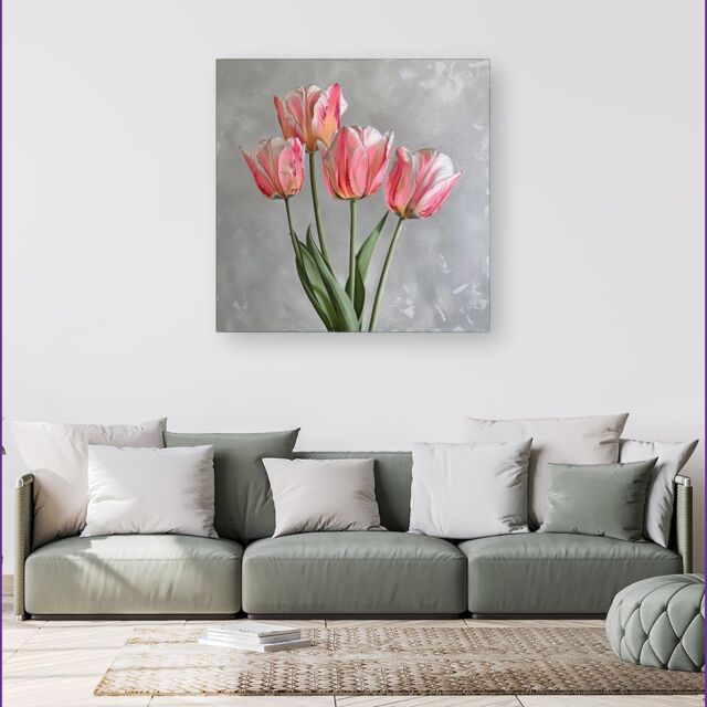 Warren Reed - Designer Painted Pink Tulips Canvas - Size: w40 inch x h40 inch - image 1