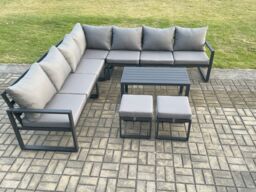 Fimous Aluminium Patio Outdoor Garden Furniture Lounge Corner Sofa Set with Oblong Coffee Table 2 Small Footstools Dark Grey - thumbnail 1