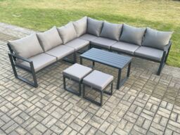 Fimous Aluminium Patio Outdoor Garden Furniture Lounge Corner Sofa Set with Oblong Coffee Table 2 Small Footstools Dark Grey - thumbnail 2