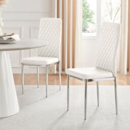 FurnitureboxUK Set of 4 Milan High Back Soft Touch Diamond Pattern Faux Leather Dining Chairs With Silver Chrome Metal Legs in White