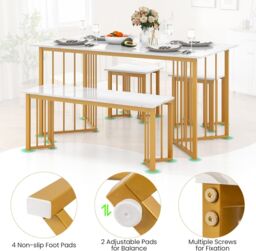 Gymax 4 PCS Dining Table Set Kitchen Table With Bench & 2 Stool Marble Grain in White - thumbnail 6