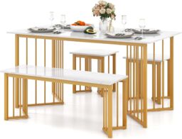 Gymax 4 PCS Dining Table Set Kitchen Table With Bench & 2 Stool Marble Grain in White - thumbnail 1