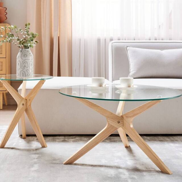 Wyld and Coco Nesting Round Coffee Tables Set 2 Tempered Glass Tops Light in Clear - image 1