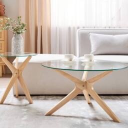 Wyld and Coco Nesting Round Coffee Tables Set 2 Tempered Glass Tops Light in Clear