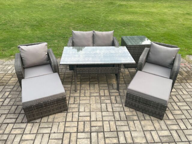 Fimous Rattan Outdoor Garden Furniture Set Rectangular Dining Table & Chair Sofa Set With Side Table 2 Big Footstool in Dark Grey - image 1