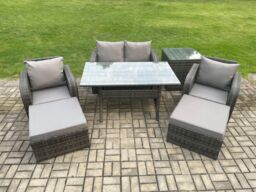 Fimous Rattan Outdoor Garden Furniture Set Rectangular Dining Table & Chair Sofa Set With Side Table 2 Big Footstool in Dark Grey - thumbnail 1