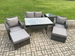 Fimous Rattan Outdoor Garden Furniture Set Rectangular Dining Table & Chair Sofa Set With Side Table 2 Big Footstool in Dark Grey - thumbnail 2