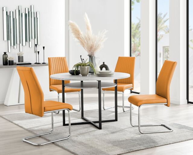 FurnitureboxUK Adley Grey Concrete Effect Round Dining Table & 4 Lorenzo Faux Leather Chairs in Mustard - image 1