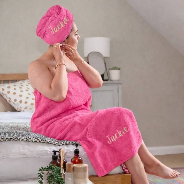 Duncan Stewart Women's Personalised Towelling Sarong & Hair Turban Wrap Set in Pink - image 1